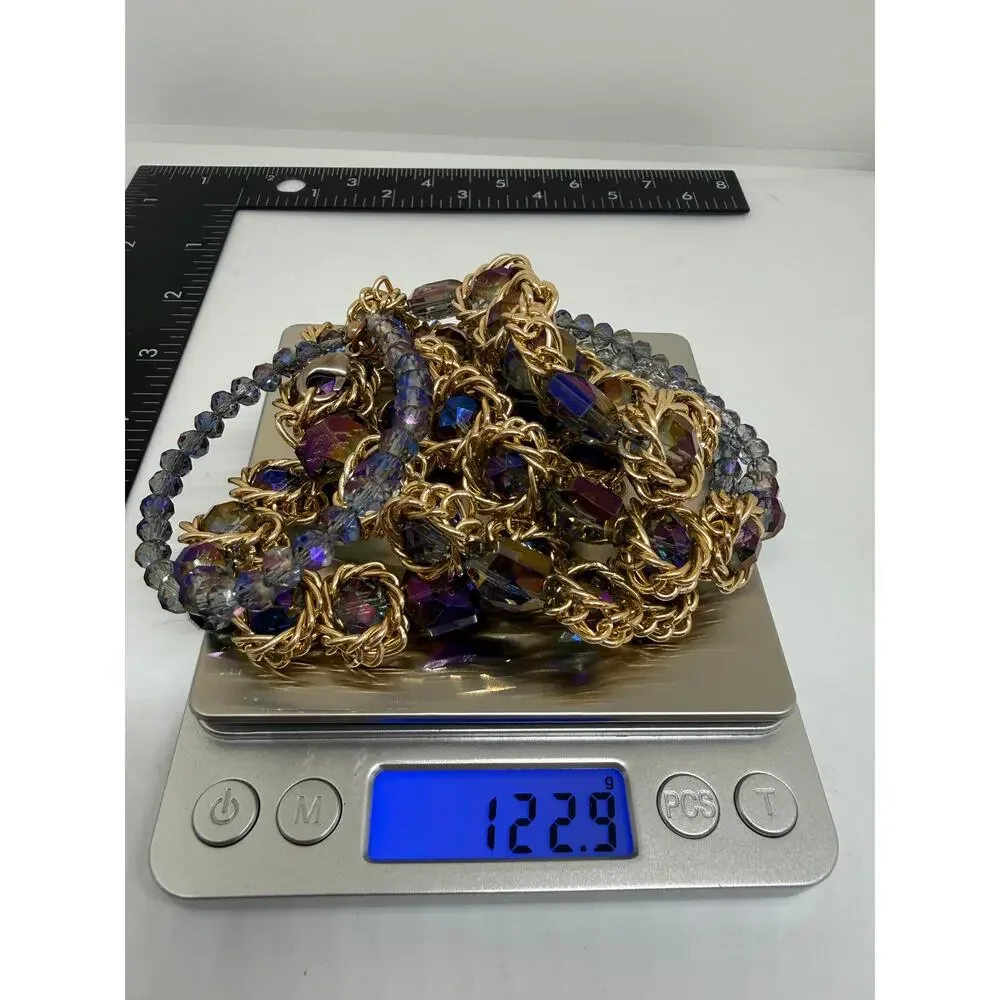 Purple Iridescent Statement Necklace Gold Tone Double Strand Faceted Glass Beads